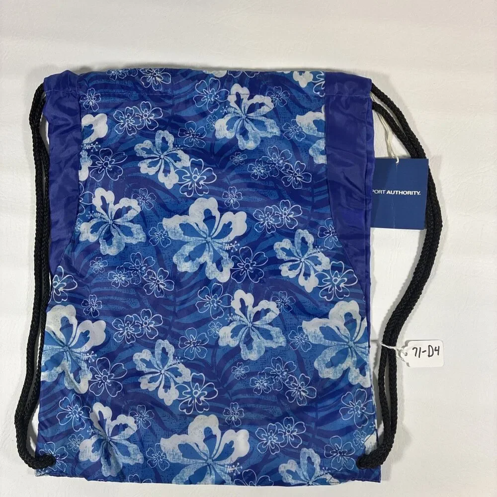 Port Authority Blue Hibiscus Floral Drawstring Backpack Cinch Sack Bag 13.5x17.5